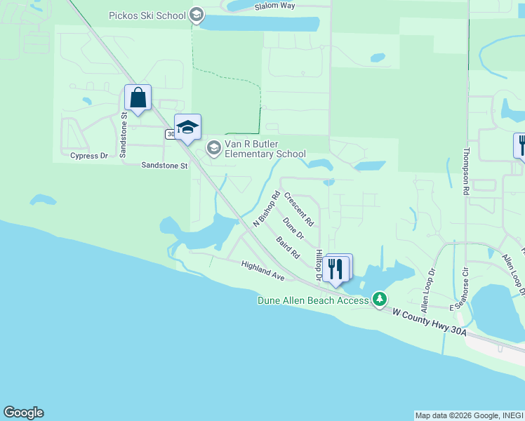 map of restaurants, bars, coffee shops, grocery stores, and more near 105 North Bishop Road in Santa Rosa Beach