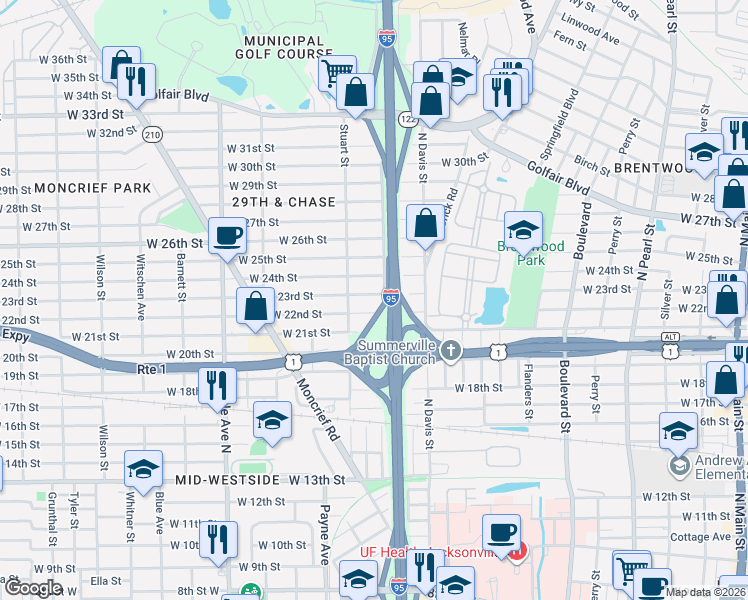 map of restaurants, bars, coffee shops, grocery stores, and more near 3304 North Lee Street in Jacksonville
