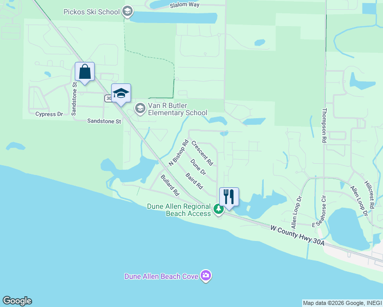 map of restaurants, bars, coffee shops, grocery stores, and more near 218 Dune Drive in Santa Rosa Beach