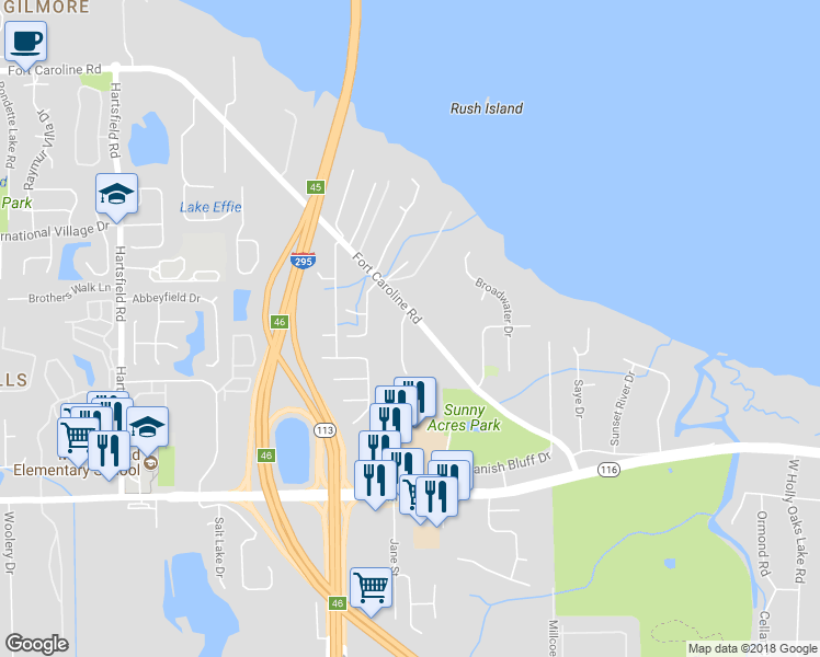 map of restaurants, bars, coffee shops, grocery stores, and more near 3527 Uphill Terrace in Jacksonville