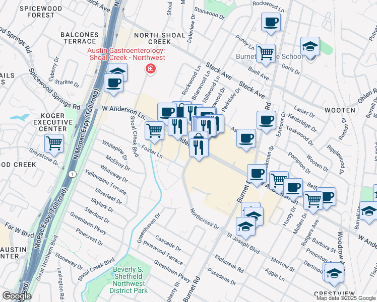 map of restaurants, bars, coffee shops, grocery stores, and more near 2691 West Anderson Lane in Austin