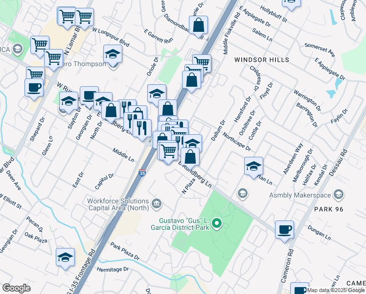 map of restaurants, bars, coffee shops, grocery stores, and more near 9427 Middle Fiskville Road in Austin