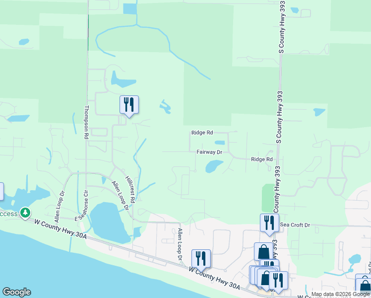 map of restaurants, bars, coffee shops, grocery stores, and more near 258 Fairway Drive in Santa Rosa Beach