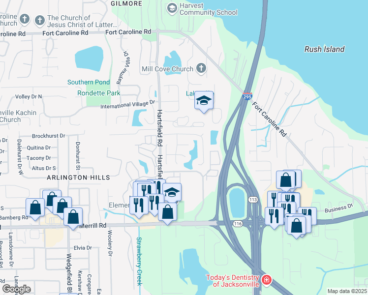 map of restaurants, bars, coffee shops, grocery stores, and more near 8254 Catfield Court in Jacksonville