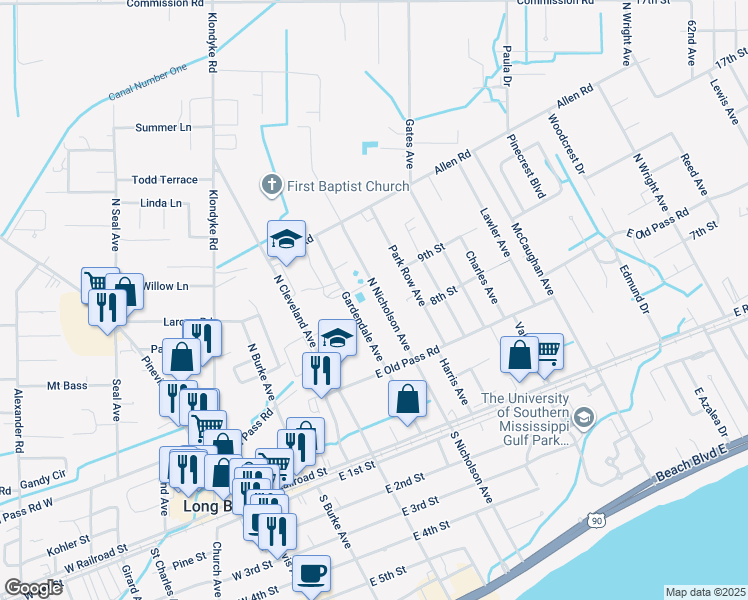 map of restaurants, bars, coffee shops, grocery stores, and more near 726 North Nicholson Avenue in Long Beach