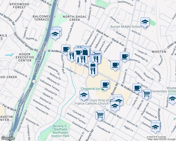 map of restaurants, bars, coffee shops, grocery stores, and more near 2711 West Anderson Lane in Austin