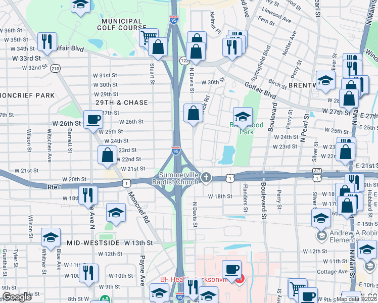 map of restaurants, bars, coffee shops, grocery stores, and more near 3308 North Davis Street in Jacksonville