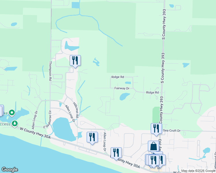 map of restaurants, bars, coffee shops, grocery stores, and more near 258 Fairway Drive in Santa Rosa Beach