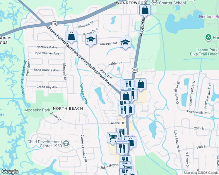 map of restaurants, bars, coffee shops, grocery stores, and more near 2586 Stern Drive South in Jacksonville