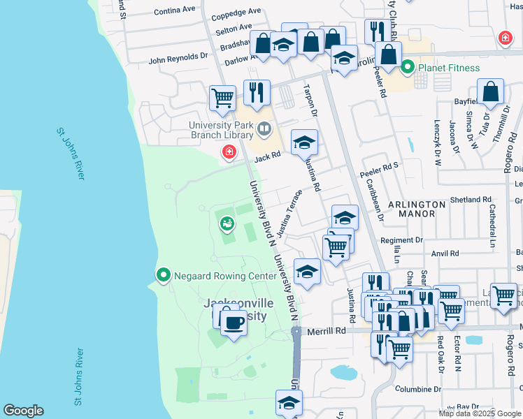 map of restaurants, bars, coffee shops, grocery stores, and more near 3291 3291-7 University Ap in Jacksonville