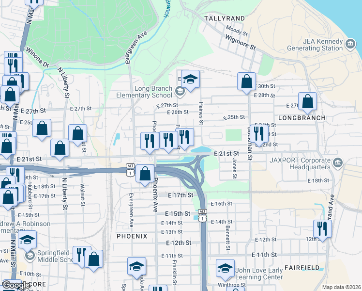 map of restaurants, bars, coffee shops, grocery stores, and more near 3215 Franklin Street in Jacksonville