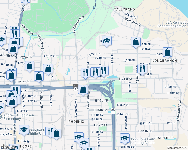 map of restaurants, bars, coffee shops, grocery stores, and more near 1128 Claudia Spencer Street in Jacksonville
