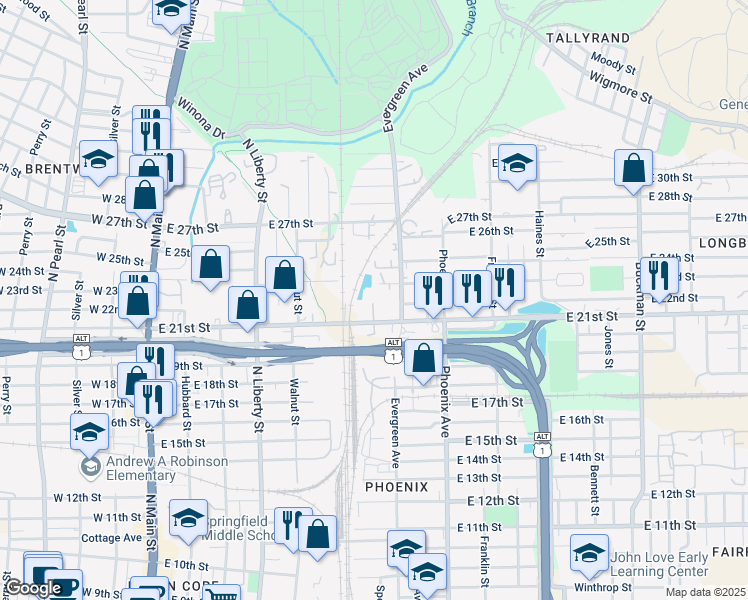 map of restaurants, bars, coffee shops, grocery stores, and more near 3224 Evergreen Avenue in Jacksonville