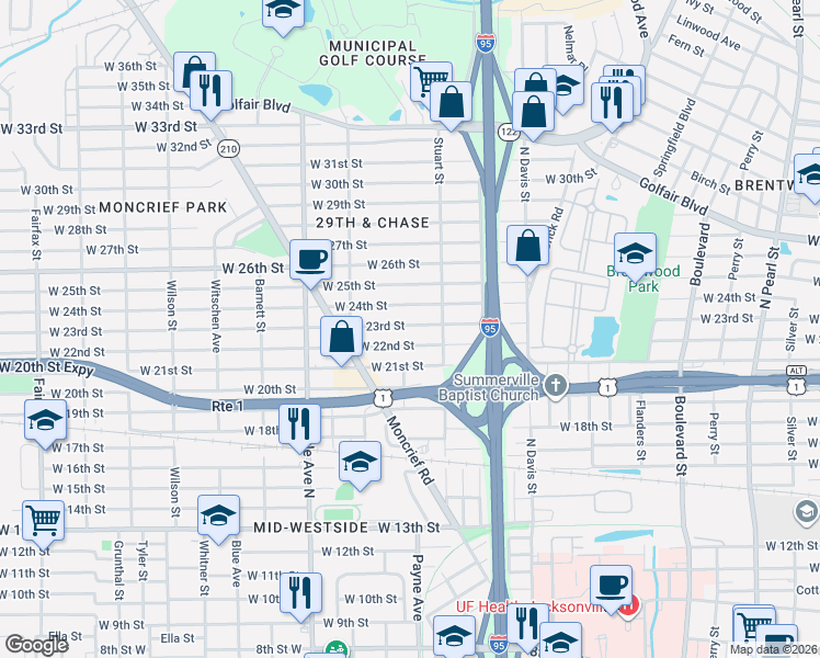 map of restaurants, bars, coffee shops, grocery stores, and more near 1133 West 23rd Street in Jacksonville