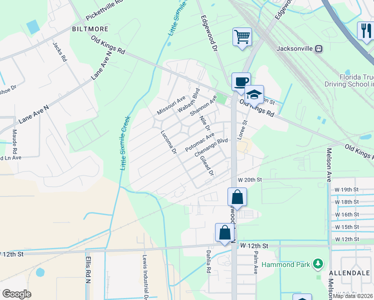 map of restaurants, bars, coffee shops, grocery stores, and more near 5307 Potomac Avenue in Jacksonville