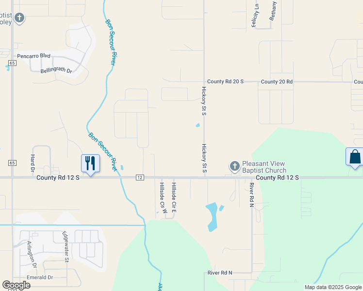 map of restaurants, bars, coffee shops, grocery stores, and more near 2101-2183 South Hickory Street in Foley
