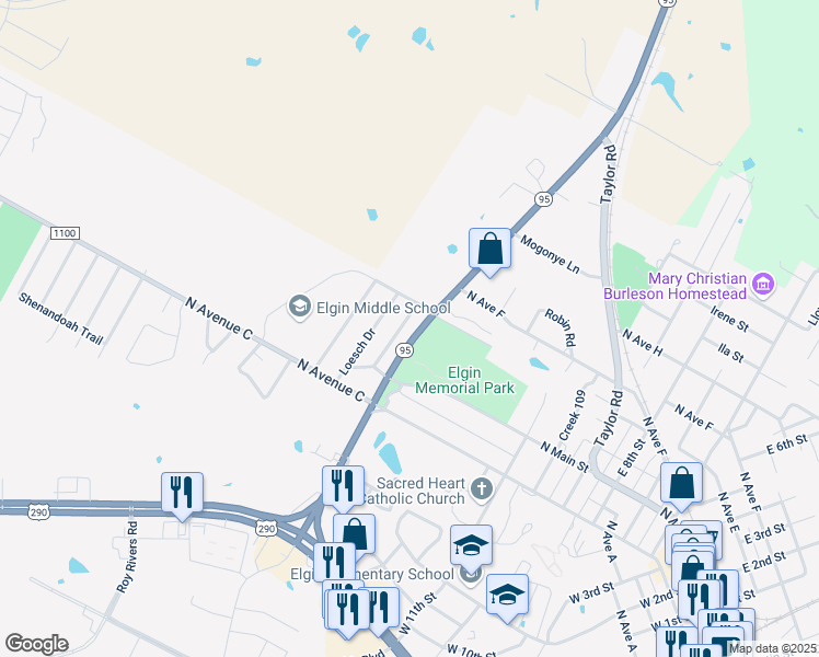 map of restaurants, bars, coffee shops, grocery stores, and more near 221 Loesch Drive in Elgin
