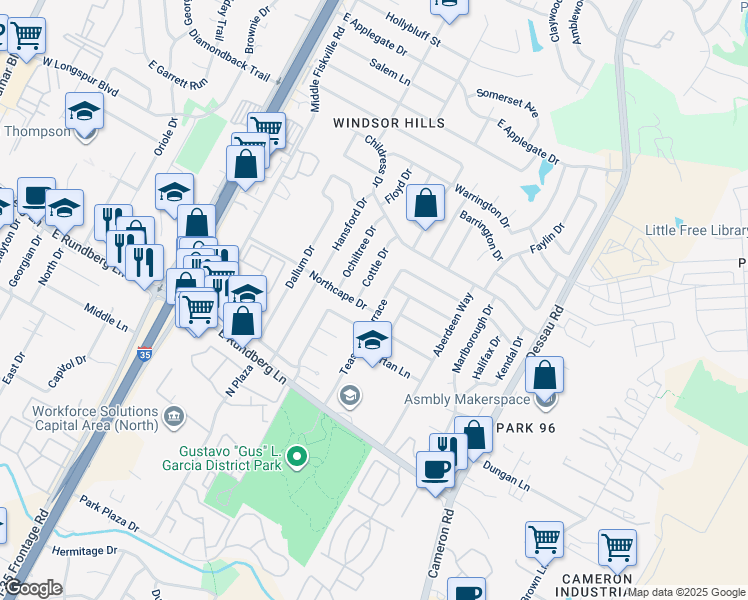 map of restaurants, bars, coffee shops, grocery stores, and more near 9702 Cottle Drive in Austin