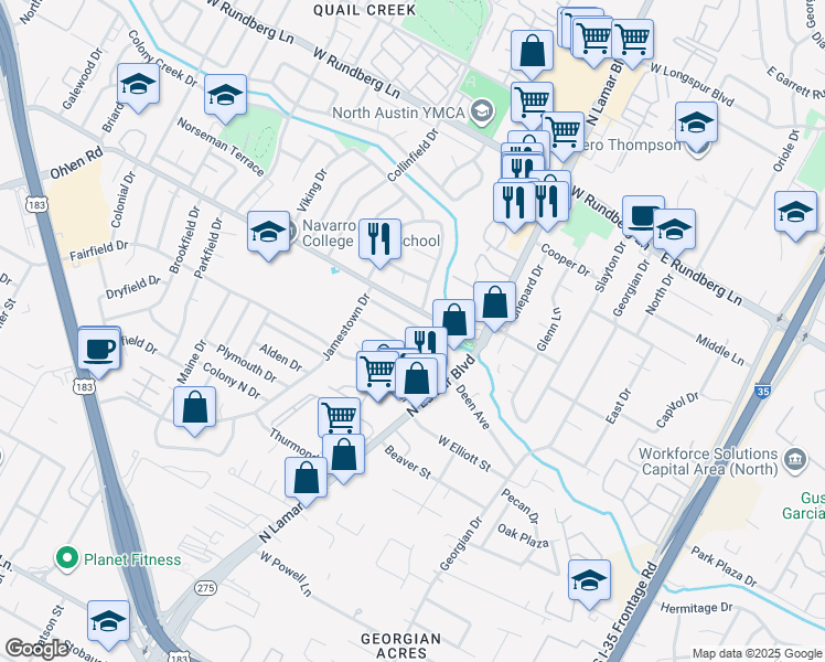 map of restaurants, bars, coffee shops, grocery stores, and more near 804 Maryland Drive in Austin