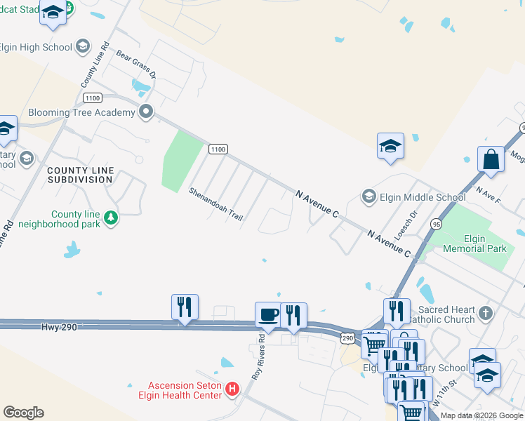 map of restaurants, bars, coffee shops, grocery stores, and more near 119 Wilderness Trail in Elgin