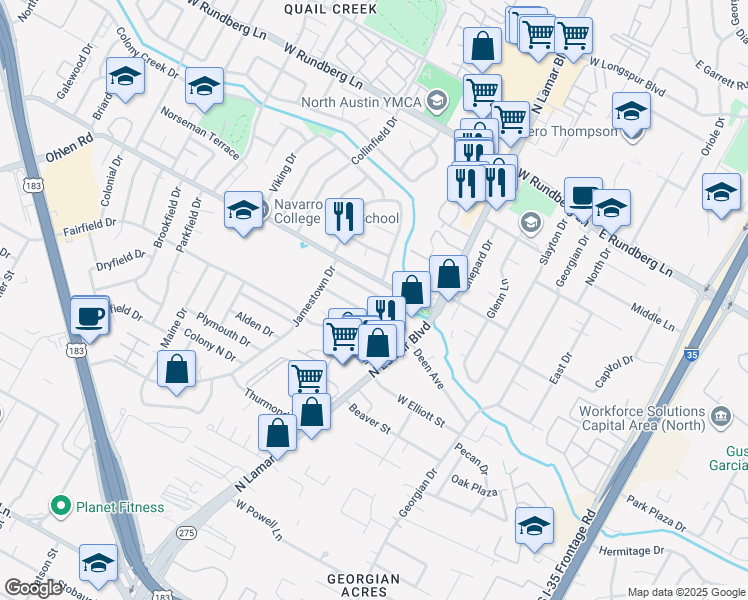 map of restaurants, bars, coffee shops, grocery stores, and more near 804 Maryland Drive in Austin