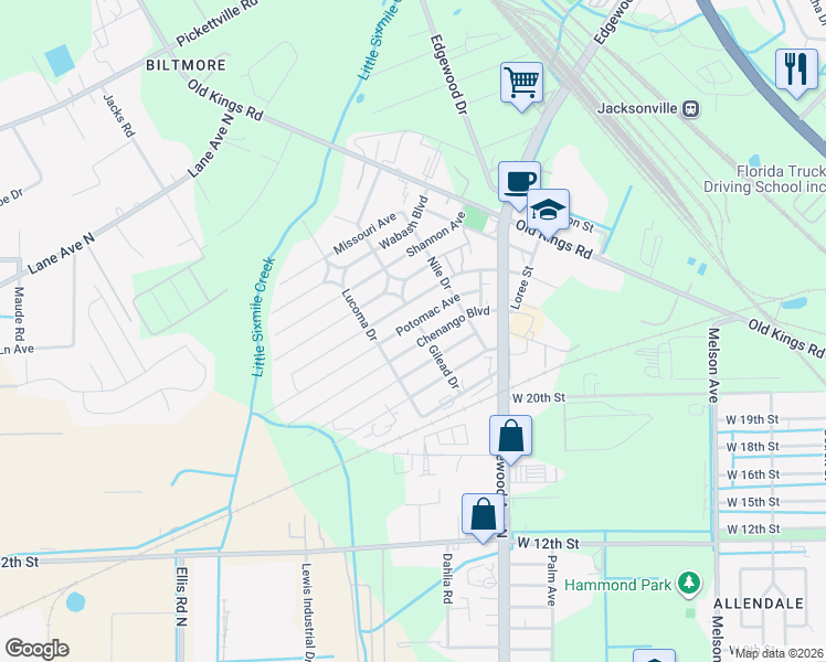 map of restaurants, bars, coffee shops, grocery stores, and more near 5307 Potomac Avenue in Jacksonville