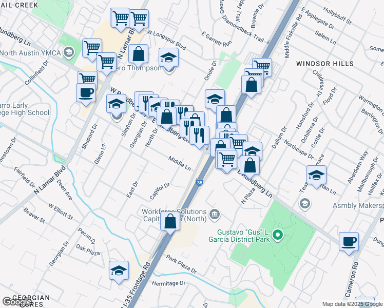 map of restaurants, bars, coffee shops, grocery stores, and more near 503 East Rundberg Lane in Austin