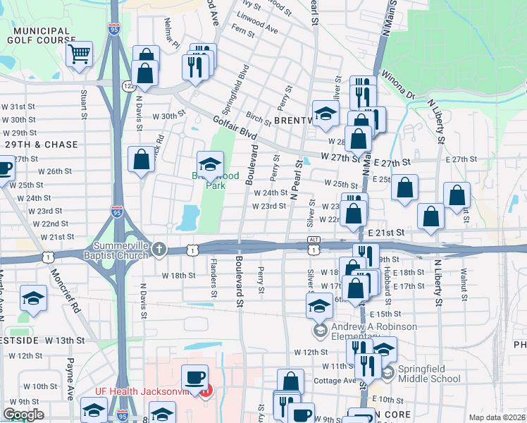 map of restaurants, bars, coffee shops, grocery stores, and more near 415 West 23rd Street in Jacksonville