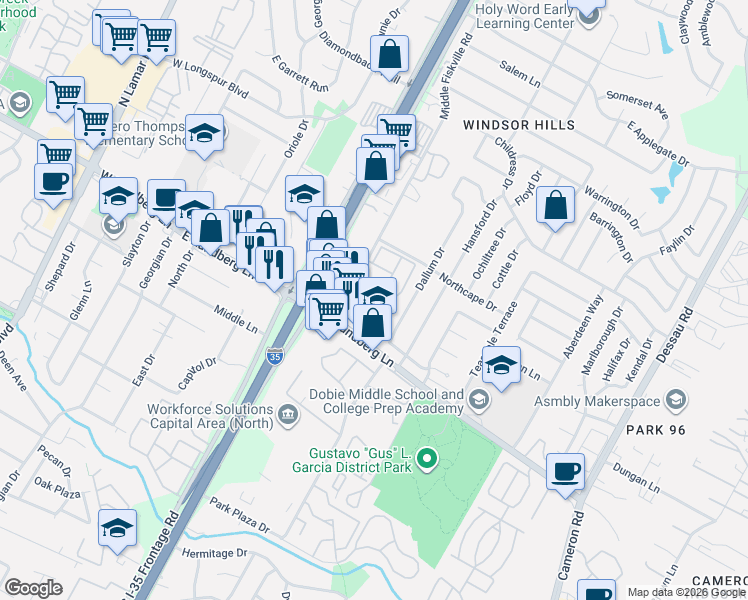 map of restaurants, bars, coffee shops, grocery stores, and more near 9435 Middle Fiskville Road in Austin