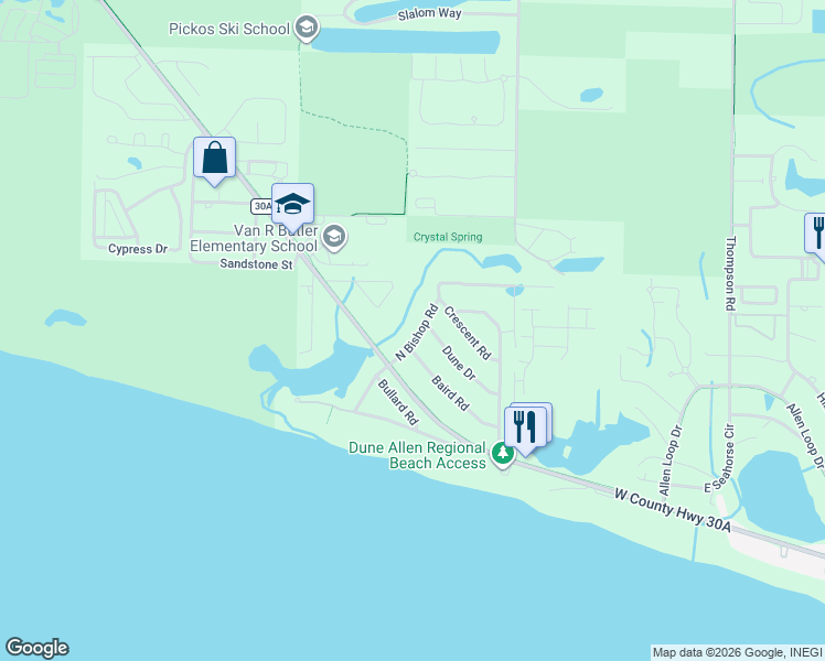 map of restaurants, bars, coffee shops, grocery stores, and more near 105 North Bishop Road in Santa Rosa Beach