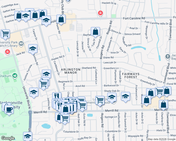 map of restaurants, bars, coffee shops, grocery stores, and more near 6232 Shetland Road in Jacksonville