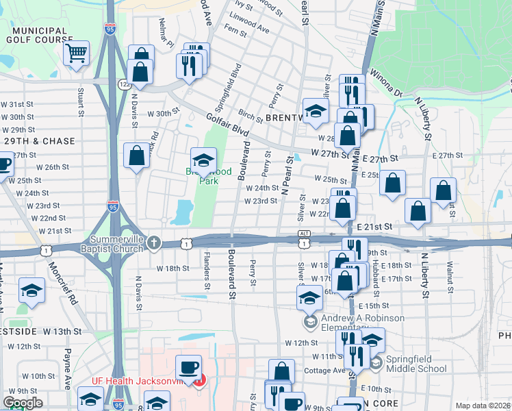 map of restaurants, bars, coffee shops, grocery stores, and more near 415 West 23rd Street in Jacksonville