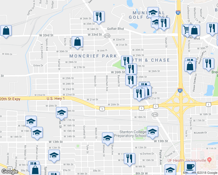 map of restaurants, bars, coffee shops, grocery stores, and more near 1474 Witschen Avenue in Jacksonville