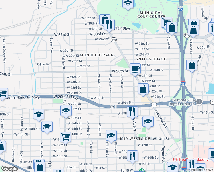 map of restaurants, bars, coffee shops, grocery stores, and more near 1474 Witschen Avenue in Jacksonville