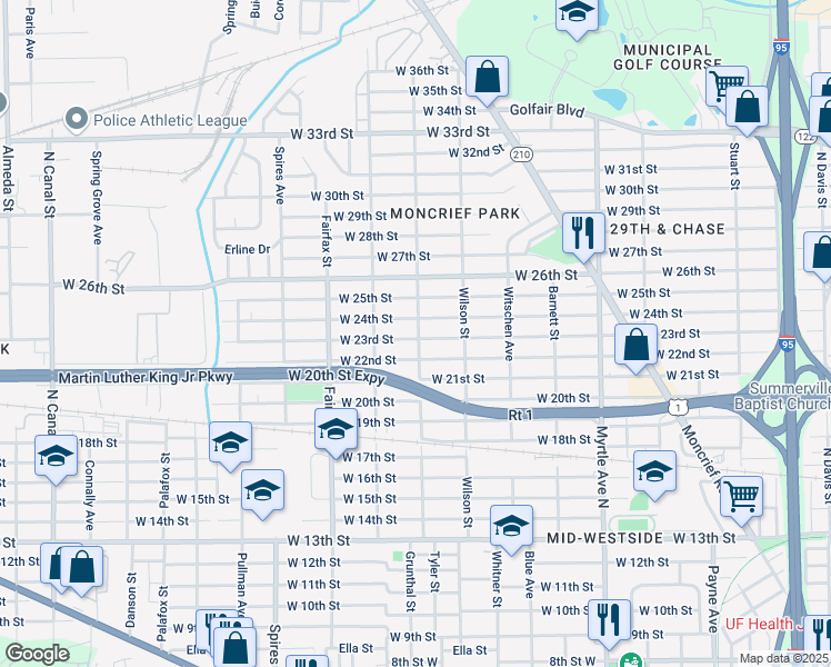 map of restaurants, bars, coffee shops, grocery stores, and more near 1580 West 24th Street in Jacksonville