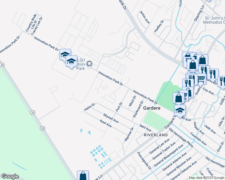 map of restaurants, bars, coffee shops, grocery stores, and more near 8178 Innovation Park Drive in Baton Rouge