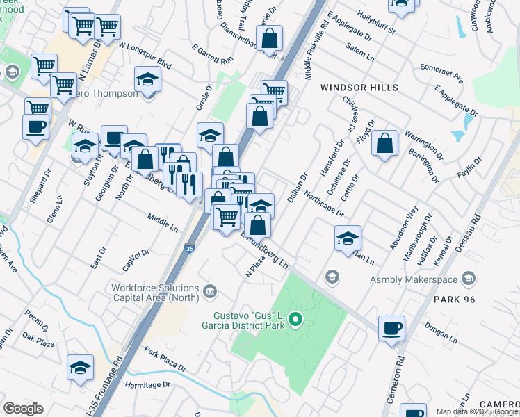 map of restaurants, bars, coffee shops, grocery stores, and more near 9435 Middle Fiskville Road in Austin