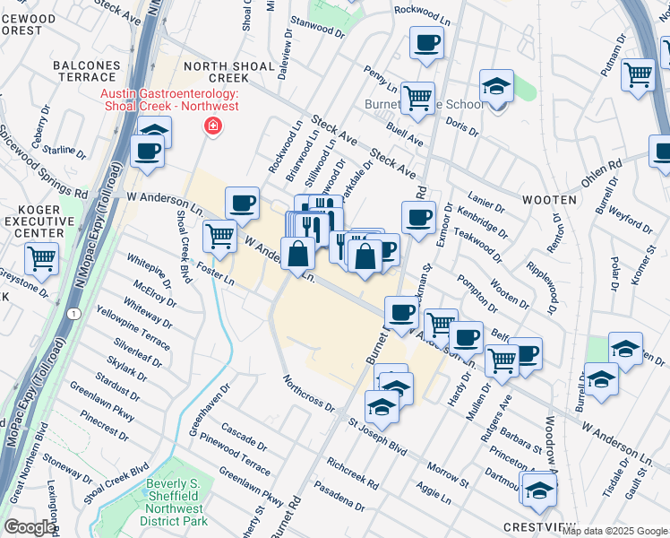 map of restaurants, bars, coffee shops, grocery stores, and more near 2700 West Anderson Lane in Austin