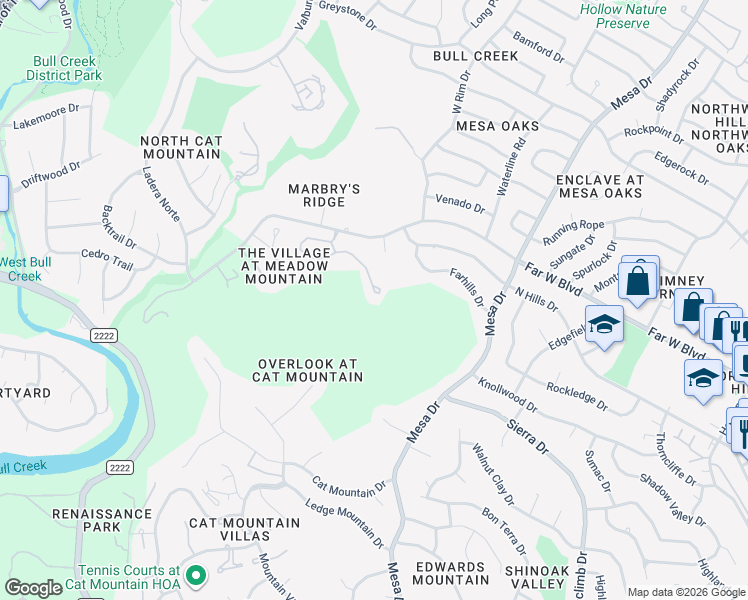 map of restaurants, bars, coffee shops, grocery stores, and more near 4207 Canyonside Trail in Austin