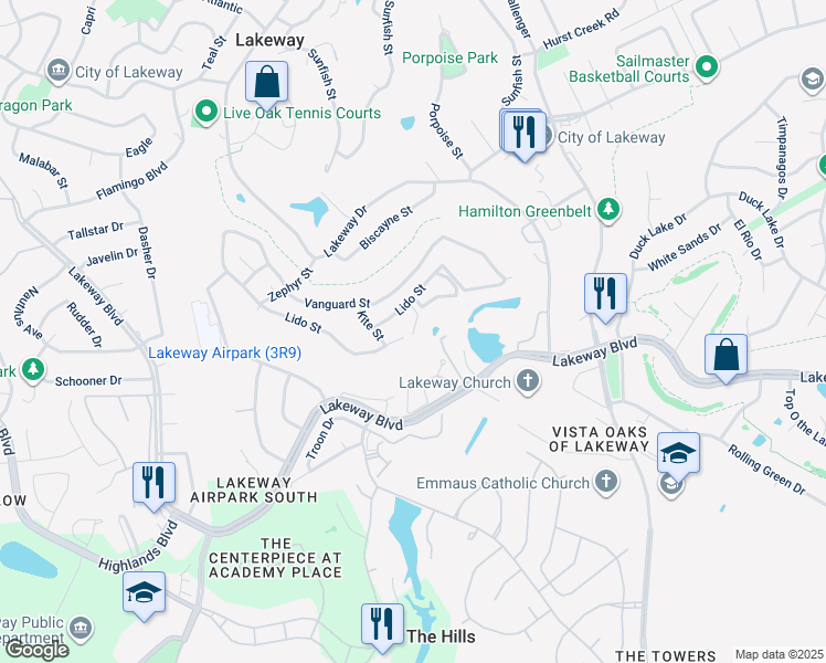 map of restaurants, bars, coffee shops, grocery stores, and more near 222 Lido Street in Lakeway