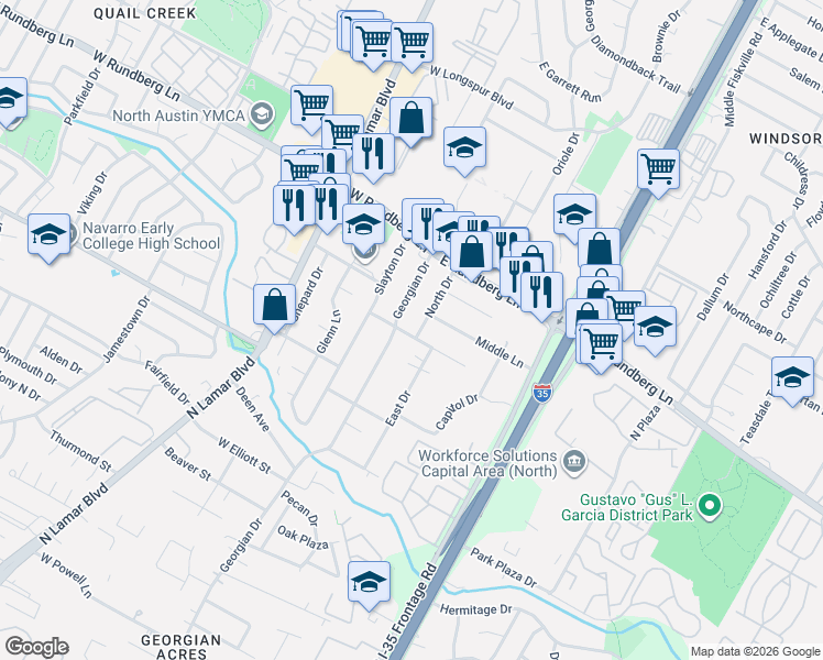 map of restaurants, bars, coffee shops, grocery stores, and more near 9107 North Drive in Austin