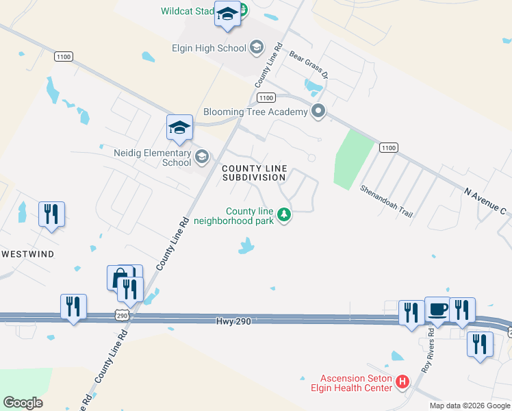 map of restaurants, bars, coffee shops, grocery stores, and more near 100 Williamson Cove in Elgin