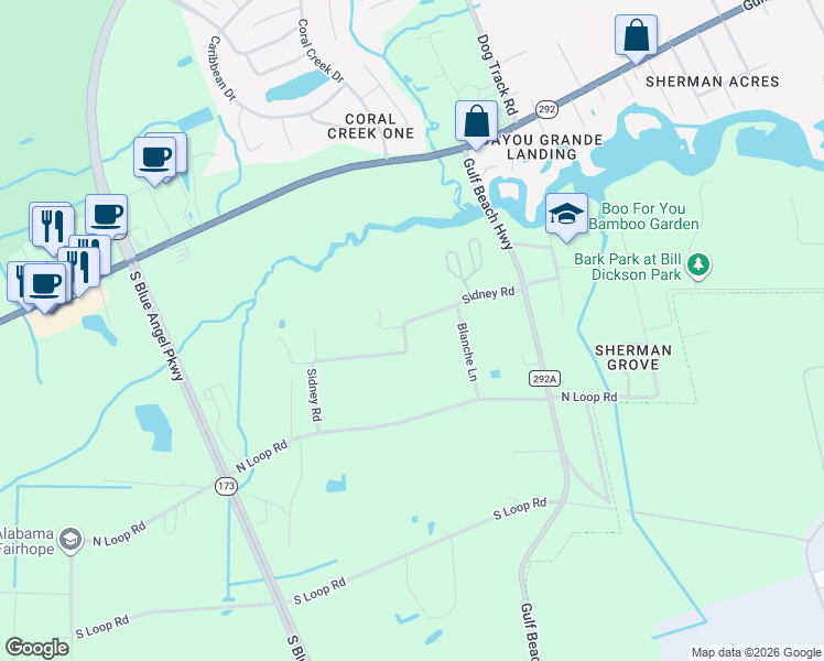 map of restaurants, bars, coffee shops, grocery stores, and more near 9630 Sidney Road in Pensacola
