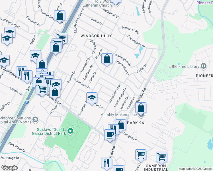 map of restaurants, bars, coffee shops, grocery stores, and more near 9823 Teasdale Terrace in Austin
