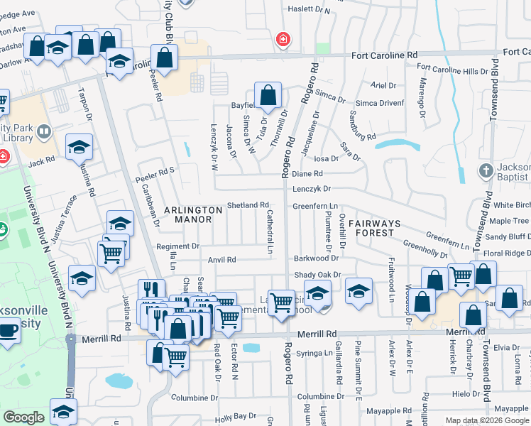map of restaurants, bars, coffee shops, grocery stores, and more near 3244 Cathedral Lane in Jacksonville
