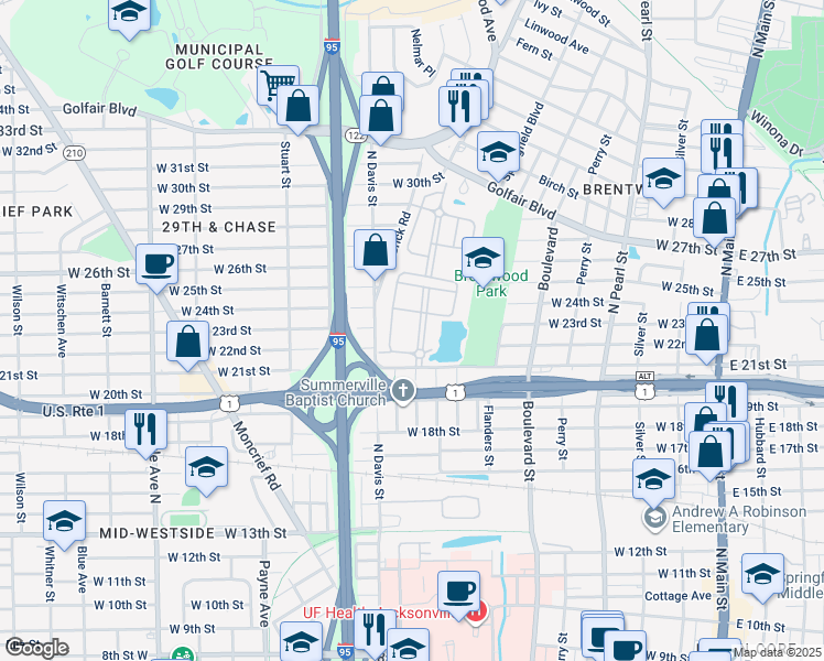 map of restaurants, bars, coffee shops, grocery stores, and more near 203 Brentwood Boulevard in Jacksonville