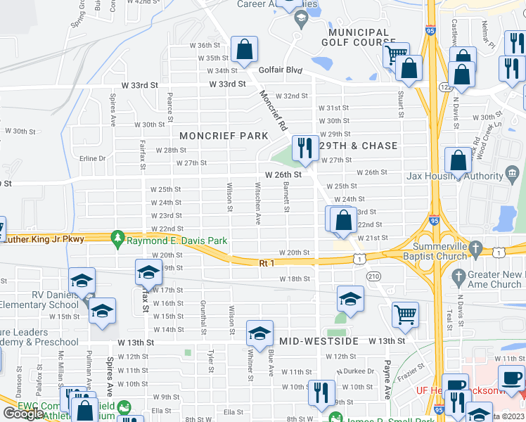 map of restaurants, bars, coffee shops, grocery stores, and more near 1459 West 23rd Street in Jacksonville