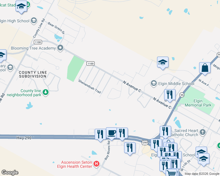 map of restaurants, bars, coffee shops, grocery stores, and more near 119 Wilderness Trail in Elgin