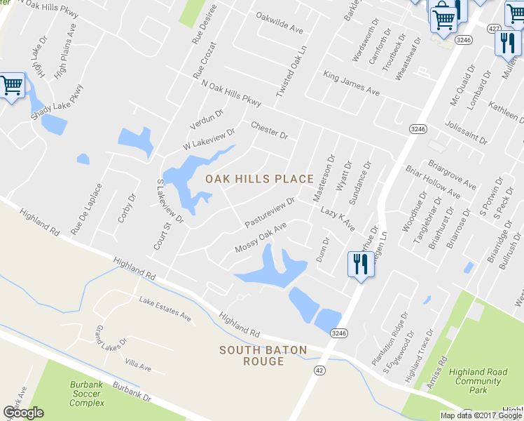 map of restaurants, bars, coffee shops, grocery stores, and more near 831 Pastureview Drive in Baton Rouge