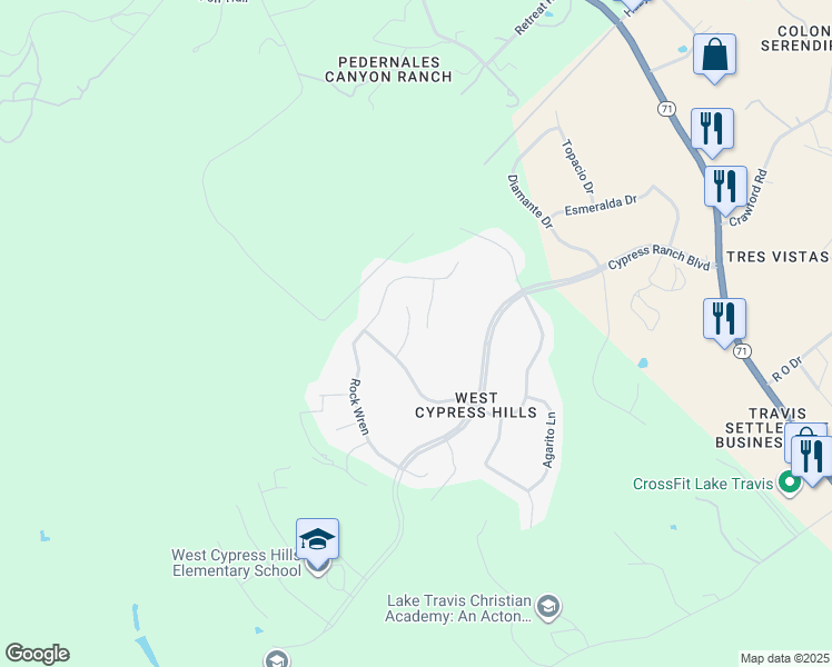 map of restaurants, bars, coffee shops, grocery stores, and more near 22217 Red Yucca Road in Spicewood